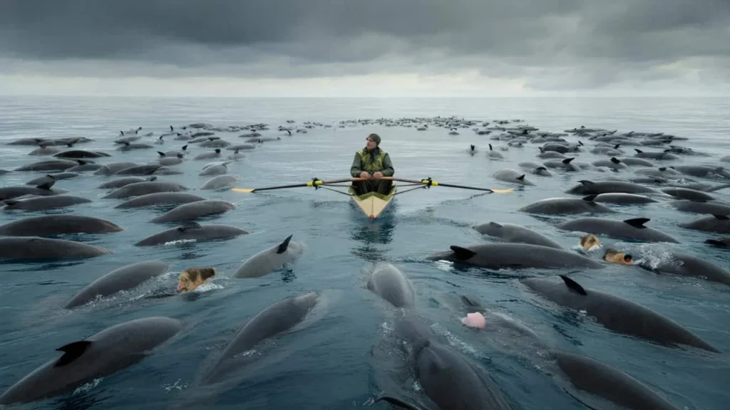 Rower’s tiny boat swallowed by nearly 1,000 whales in the middle of the Atlantic Ocean