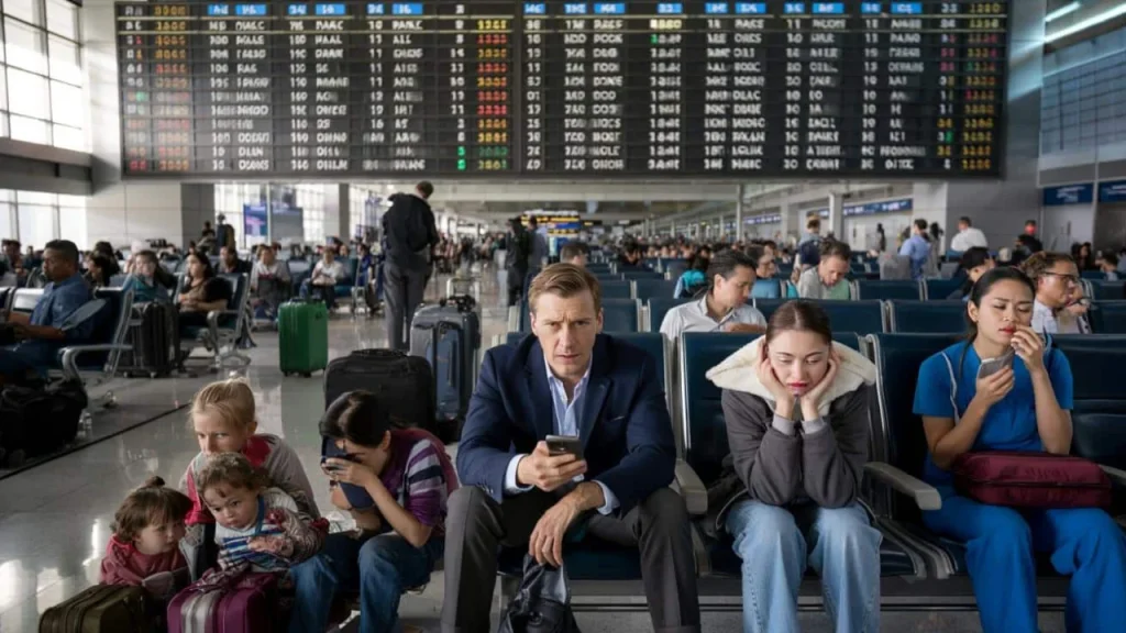 This man stared at his boarding pass like he could will the plane back as 470 flight cancellations left thousands stranded
